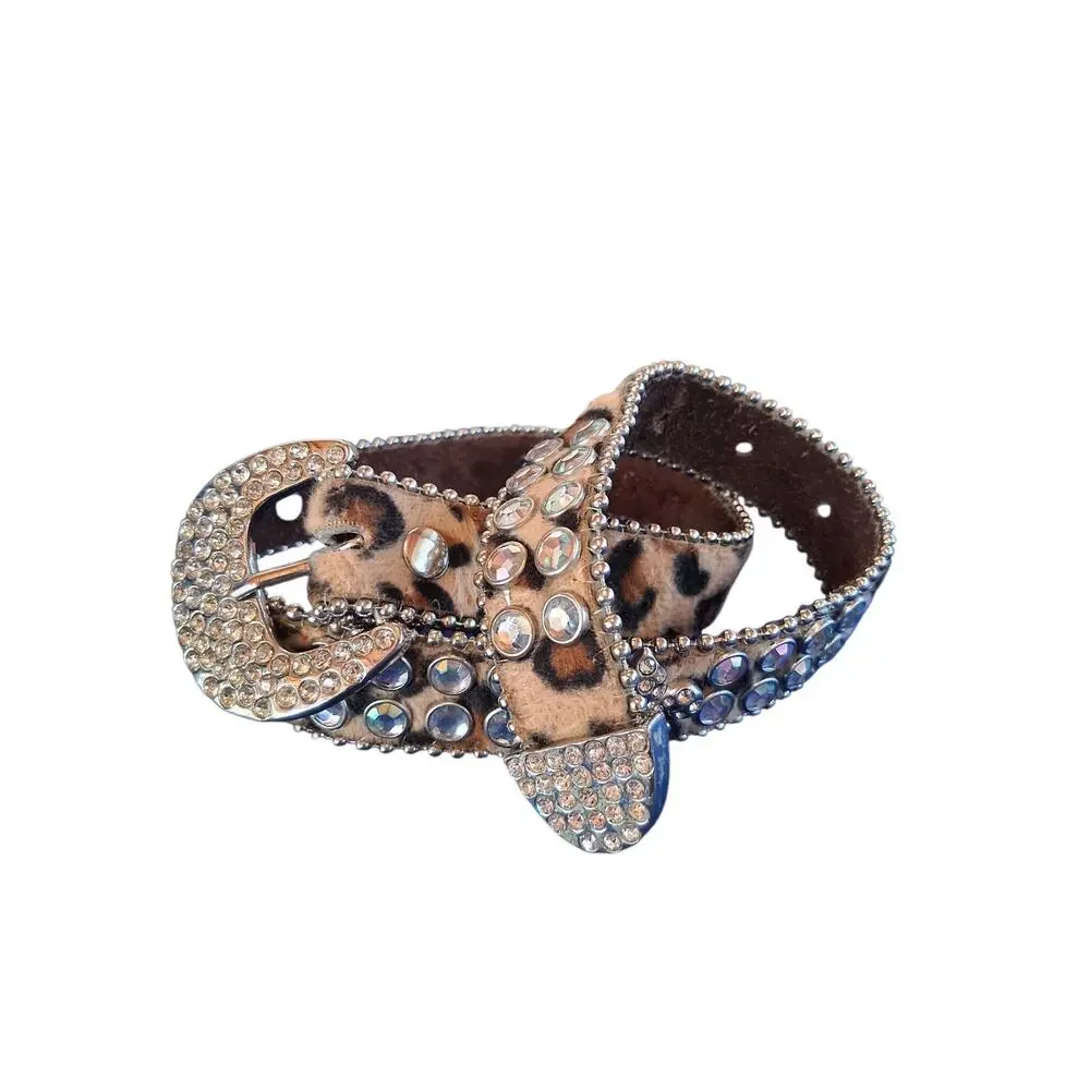 Nacona Leather Girls size 22 Western Rhinestone Bling Leopard Print Cowgirl Belt